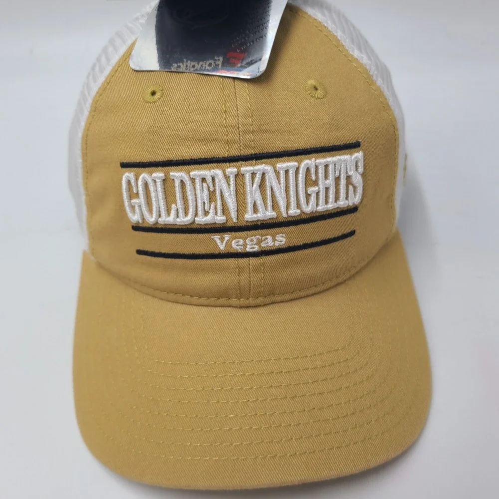 Vegas Golden Knights Hat Snapback Trucker Mesh Fanatics Gold White NHL Split Bar